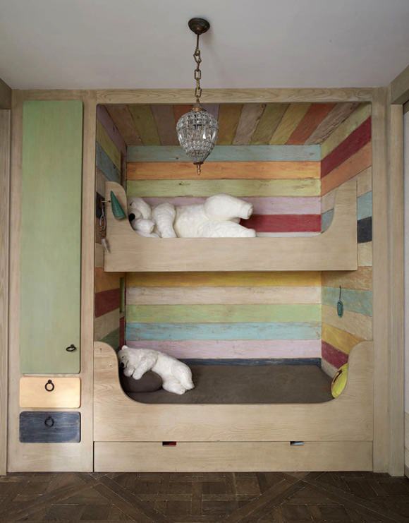 Colorful wood bunk beds