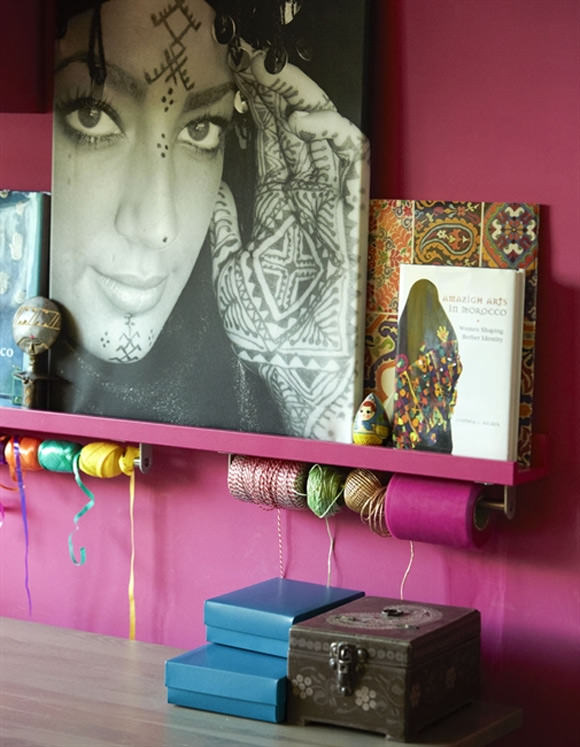 Organize your craft studio / workspace: picture ledge with rail underneath to hold ribbons or string