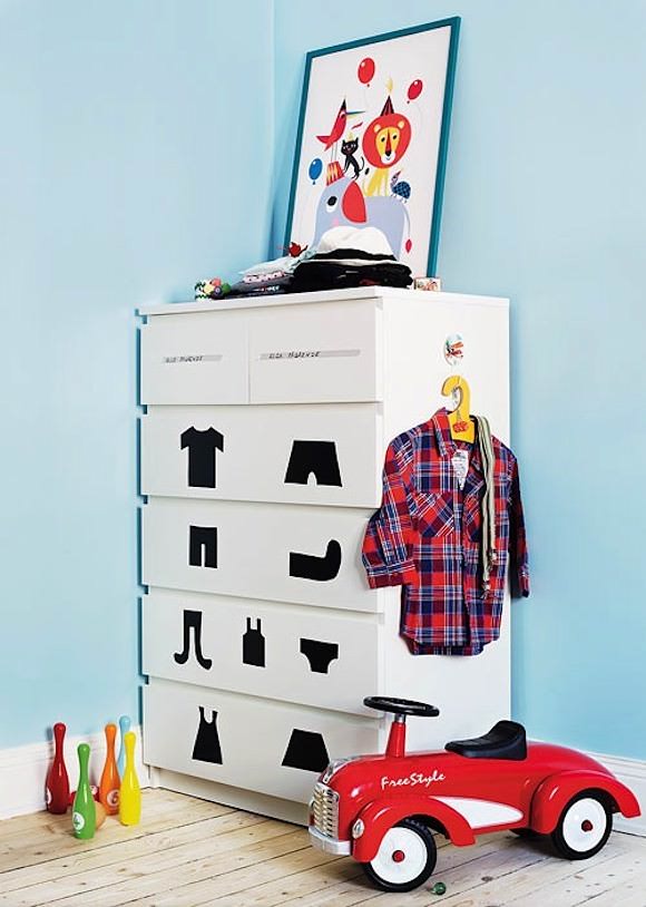 IKEA Hacks for Kids' Rooms: MALM dresser with cut out clothing shapes