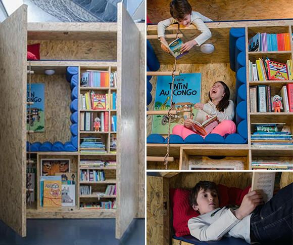 Awesome bookcase for kids with built-in reading nooks