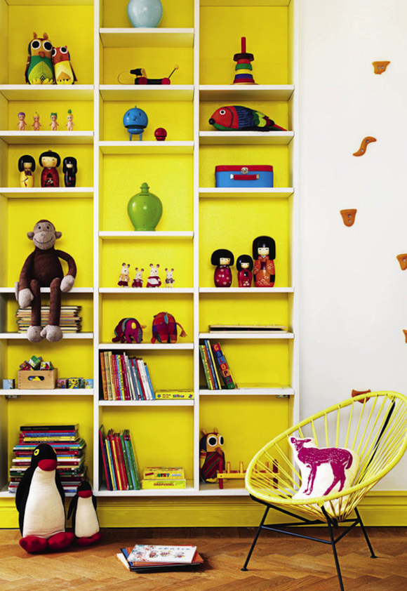 Kid's Room Ideas: wall & baseboard behind bookcase painted yellow and the rest kept white for a pop of color