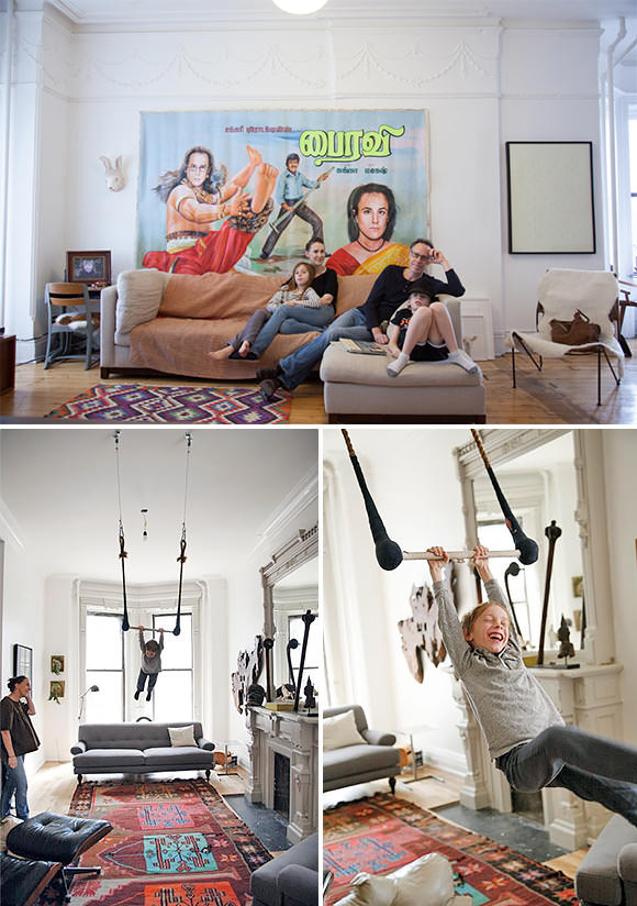 flying trapeze in the living room of oeuf founder sophie demenge's brooklyn home