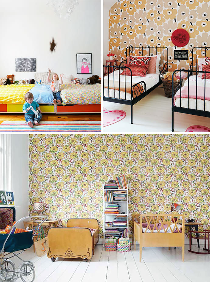 shared kids room (photo credits, clockwise: house and home, made by girl, mokkasin)