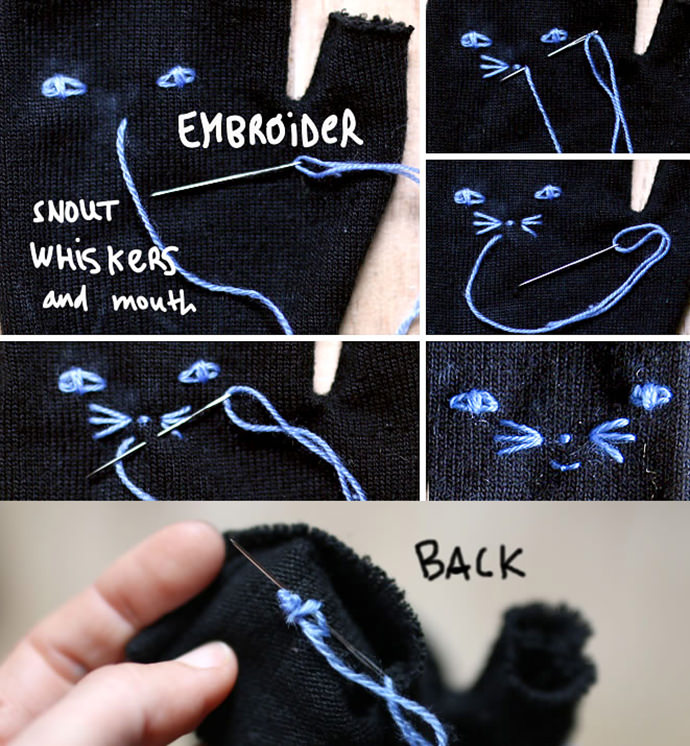 Embroidered Kitten Mittens made from Upcycled Sweaters